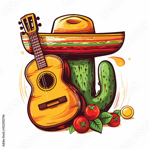 Illustration of Mexican Culture and Foods with Cartoon Characters, Mariachi Band, and Traditional Glass, Ideal for Cultural Blogs and Educational Materials