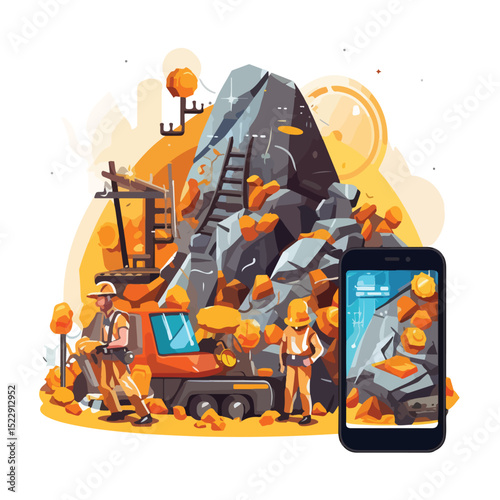 Professional Mining Vector Illustration with Smartphone and Tools for Industrial Presentations