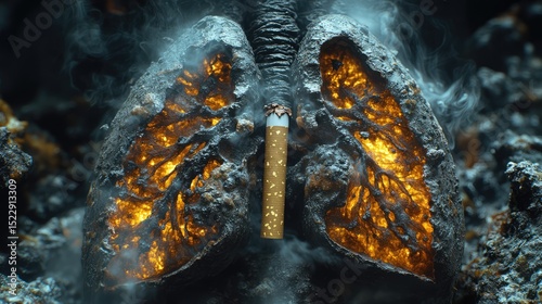 Damaged lungs, cigarette, smoke, ashtray