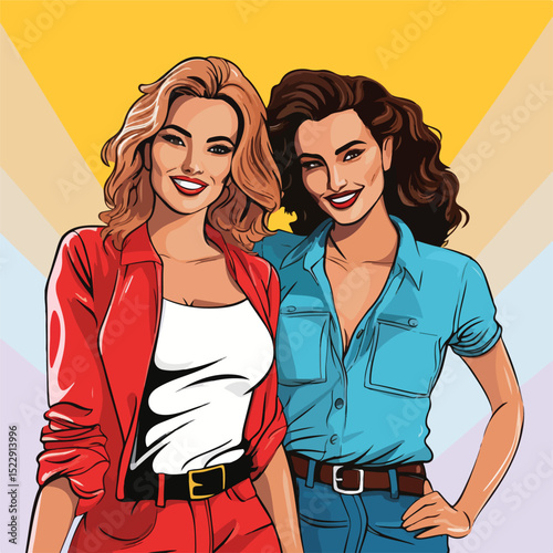 Innovative Pop Art Illustration of Smiling Women Models in Casual Clothes