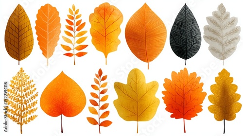 Colorful autumn leaves illustrated in various shapes and sizes.