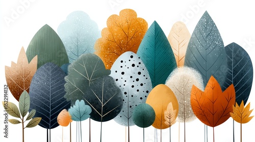 Colorful illustration of various leaves in distinct shapes and sizes.