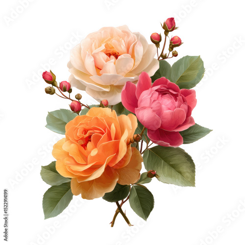 Floral arrangement of roses with leaves and buds isolated on transparent background