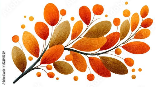 Colorful foliage branch with various leaves and berries illustrated.