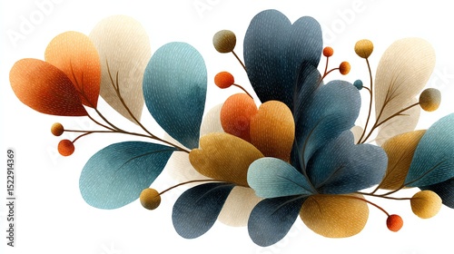 Colorful abstract leaf design with circular accents.