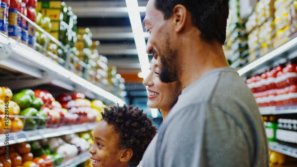 Smiling white parents with their Black child in the produce section of a grocery store, happily choosing fresh vegetables together. A heartwarming family moment that reflects diversity, love, and heal