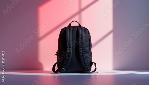 a solitary black backpack resting against a backdrop of warm hues