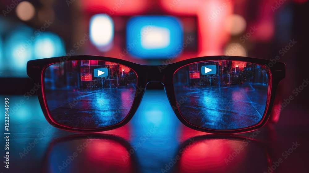 Reflection of a YouTube video paused on a screen in glasses, representing streaming and content consumption Reflection of a YouTube video paused on a screen in glasses, representing streaming and content consumption