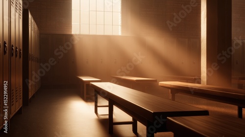 Sunlight streaming through a window in a dimly lit locker room with wooden benches