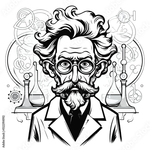 Professional Black and White Cartoon Illustration of a Scientific Male Character