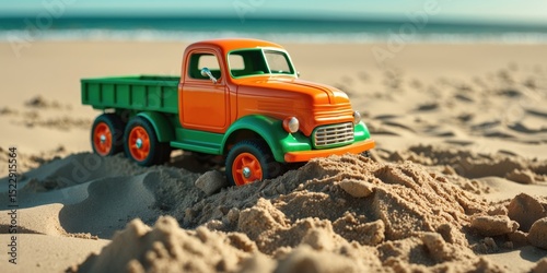 Orange and green toy truck on sandy beach, partially filled with sand, symbolizing fun and creative playtime outdoors.