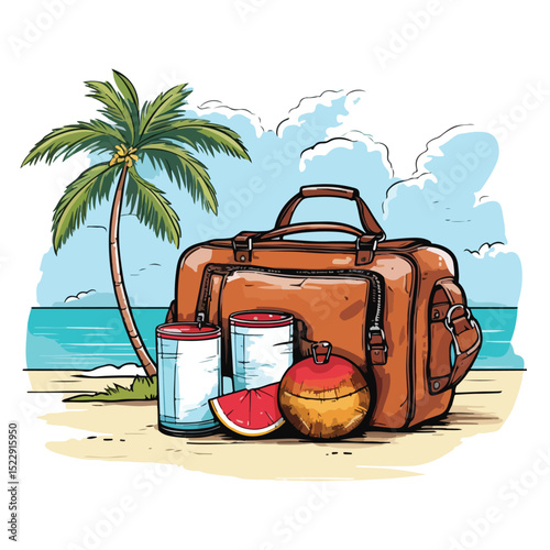 Summer Travel Essentials: Beach Bag and Coconut Cocktail with Juice Vector Illustration