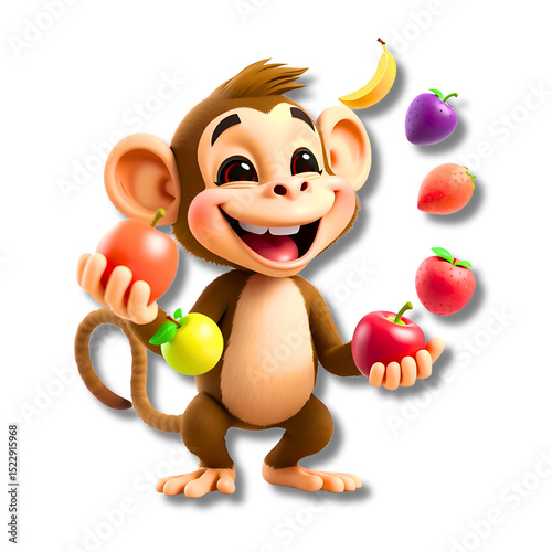 3D monkey juggling fruits and giggling, white background generative ai