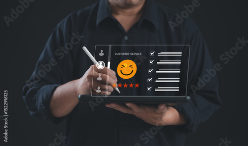 Customer rating and review interface showing user giving 5-star feedback with smiley emoji on service performance. Ideal for digital satisfaction score, testimonial, and quality evaluation.