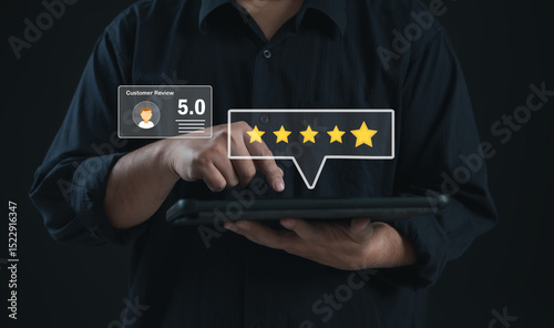 Customer rating screen shows a user giving five stars using a digital tablet. Perfect for online reviews, customer satisfaction, user experience, product feedback, and brand reputation systems.