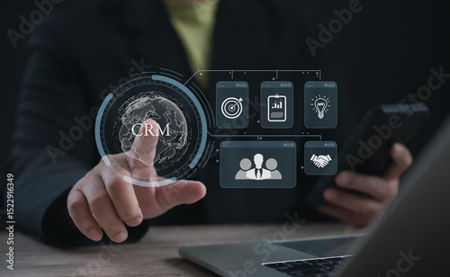 Digital CRM dashboard interface with customer data, analytics, and performance icons. Ideal for relationship management, client insight, business strategy, and workflow optimization systems.