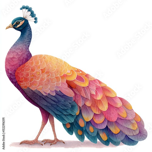 Colorful peacock illustration with intricate feather details.