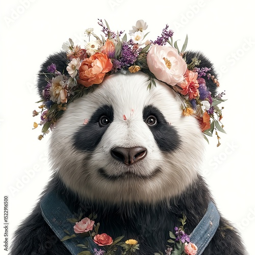 Panda adorned with a floral crown, exuding a whimsical charm.