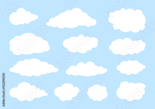 Set of simple white clouds on blue background. Illustration elements for kids. Background elements