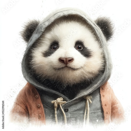 Panda wearing a hoodie with a friendly expression.