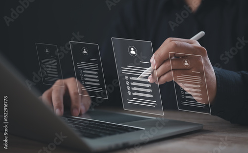 Recruiter selecting a digital resume from multiple candidate profiles using a stylus on a virtual screen. Ideal for HR tech, job application systems, and modern recruitment workflows.