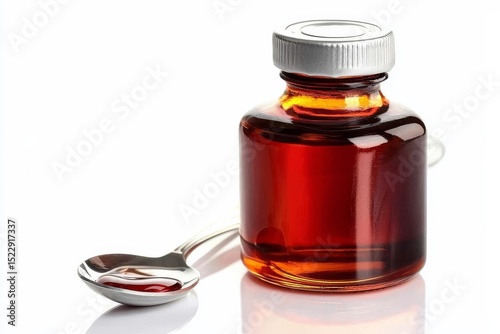 Cough syrup bottle and spoon on a clean white background.