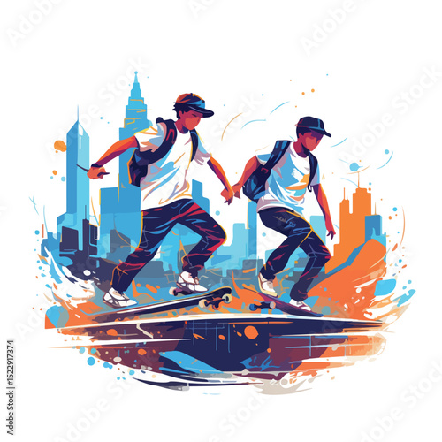 Urban City Landscape with Young Skaters Vector Illustration Isolated