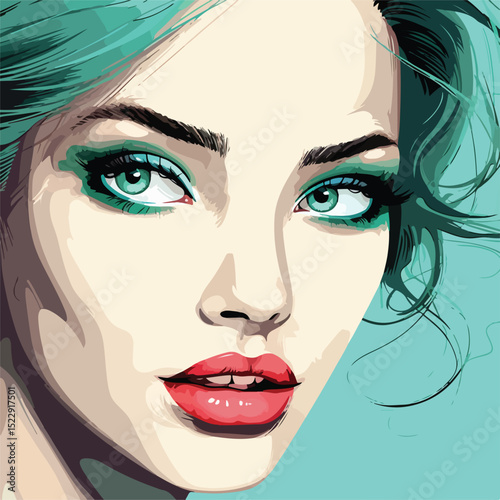 Professional Beauty Girl Portrait with Green Eyes and Blue Background, Lipstick Makeup