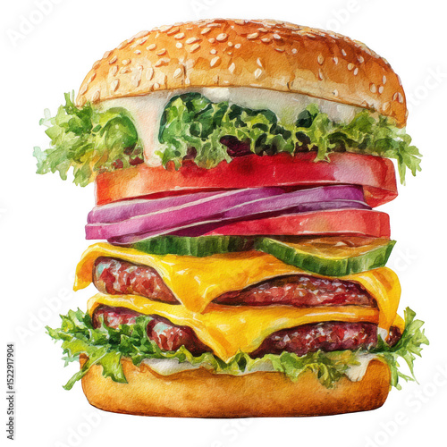 Illustration of a towering burger with various toppings isolated on transparent background