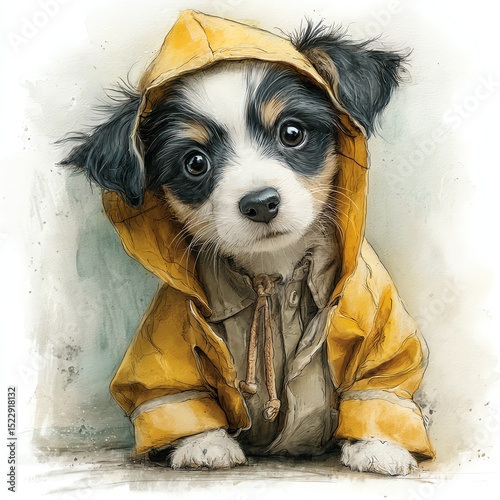 A cute puppy wearing a yellow raincoat sits and looks up with big, expressive eyes.