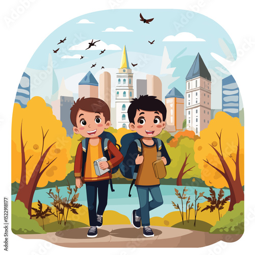Cheerful school boys enjoying their friendship - Childhood happiness and togetherness concept