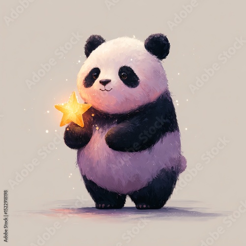 A cute panda stands holding a glowing yellow star, with a soft, whimsical background.