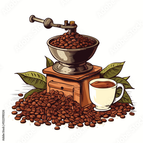 Professional Coffee Grinder with Fresh Coffee Beans and Leaves for Coffee Lovers