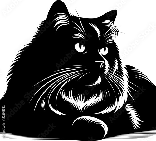 Minimalist black and white vector illustration of a cat with clean lines and simple silhouette design.