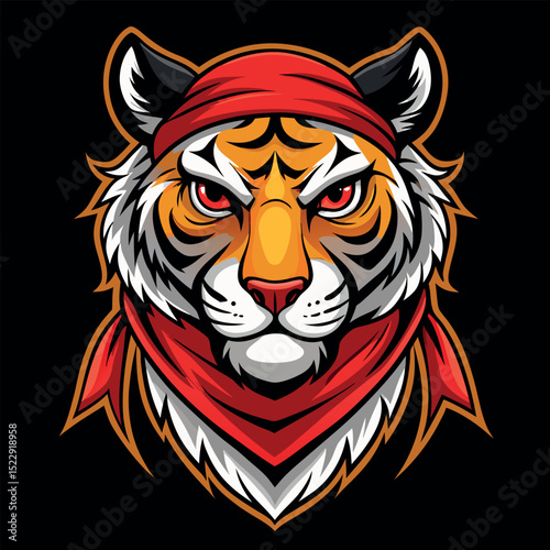 Fierce Cartoon Tiger Head Wearing Red Bandana and Scarf on Black Background
