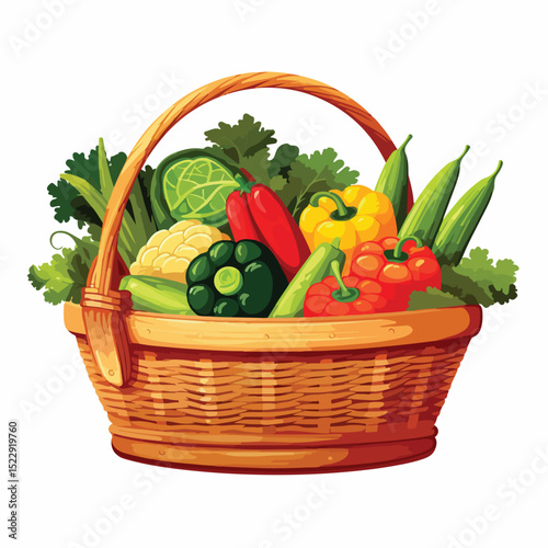 Organic Freshly Harvested Fruits and Vegetables in Wicker Basket for Healthy Lifestyle Concept