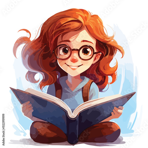 Educational cartoon illustration of a young girl reading a book for school study