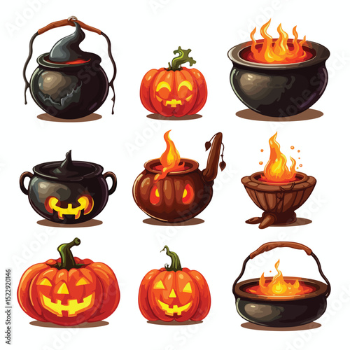 Spooky Halloween Cauldron and Icons Stock Vector for Festive Design Projects