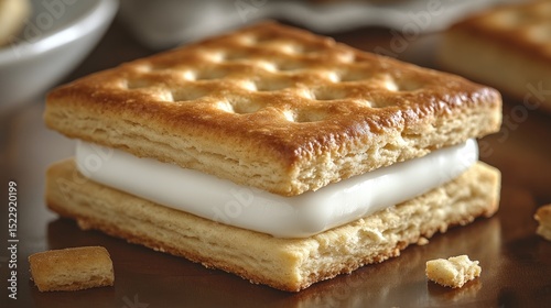 Delicious cream sandwich cookie on wooden table with others in background