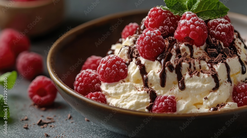 Delicious raspberry dessert with whipped cream and chocolate, served in a bowl on a dark surface