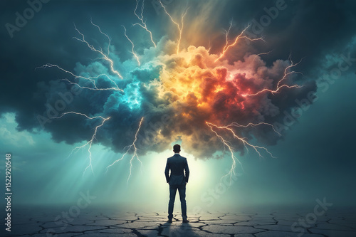 Businessman facing an epic storm of professional adversity and crisis, a metaphor for work stress and burnout