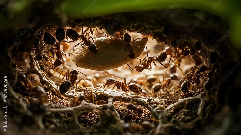 Close-up of ant colony inside nest showing intense insect activity and natural coordination
