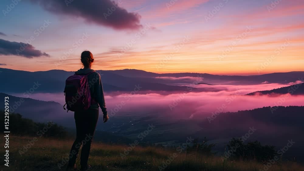Woman hiker on mountaintop at vibrant sunrise Woman hiker on mountaintop at vibrant sunrise