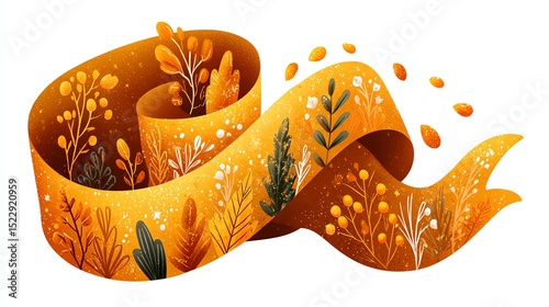 Colorful ribbon with floral patterns and falling leaves.