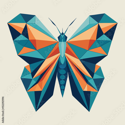 Geometric Butterfly Illustration Polygonal Design in Teal, Blue, and Orange Hues on Beige
