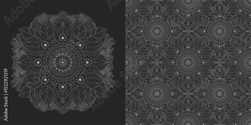 Mystical, sacred, natural motifs and abstract ornaments in a seamless pattern and mandala, black and white colors, dark palette with botanical, floral details and circular ethnic patterns.