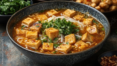 Delicious Tofu Noodle Soup in Bowl, Asian Cuisine