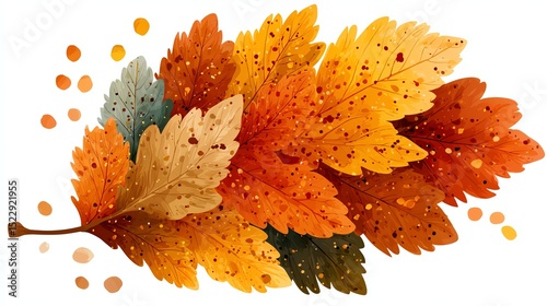 A colorful cluster of autumn leaves in shades of orange, yellow, and brown, with scattered dots resembling falling leaves.