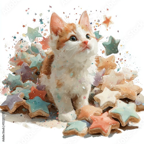 Cute kitten surrounded by colorful star-shaped cookies, looking up with curiosity and wonder.