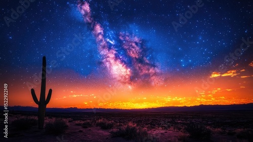 Desert Sunset Milky Way Landscape with Saguaro Cactus
